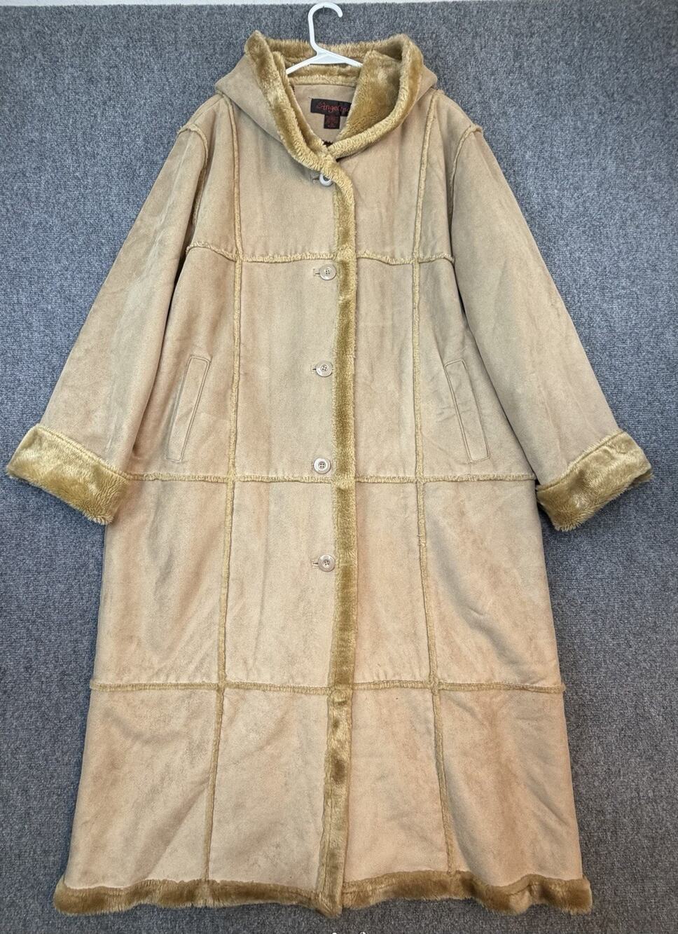 Angelina Faux Shearling Long Coat Beige 2X 45in Hooded